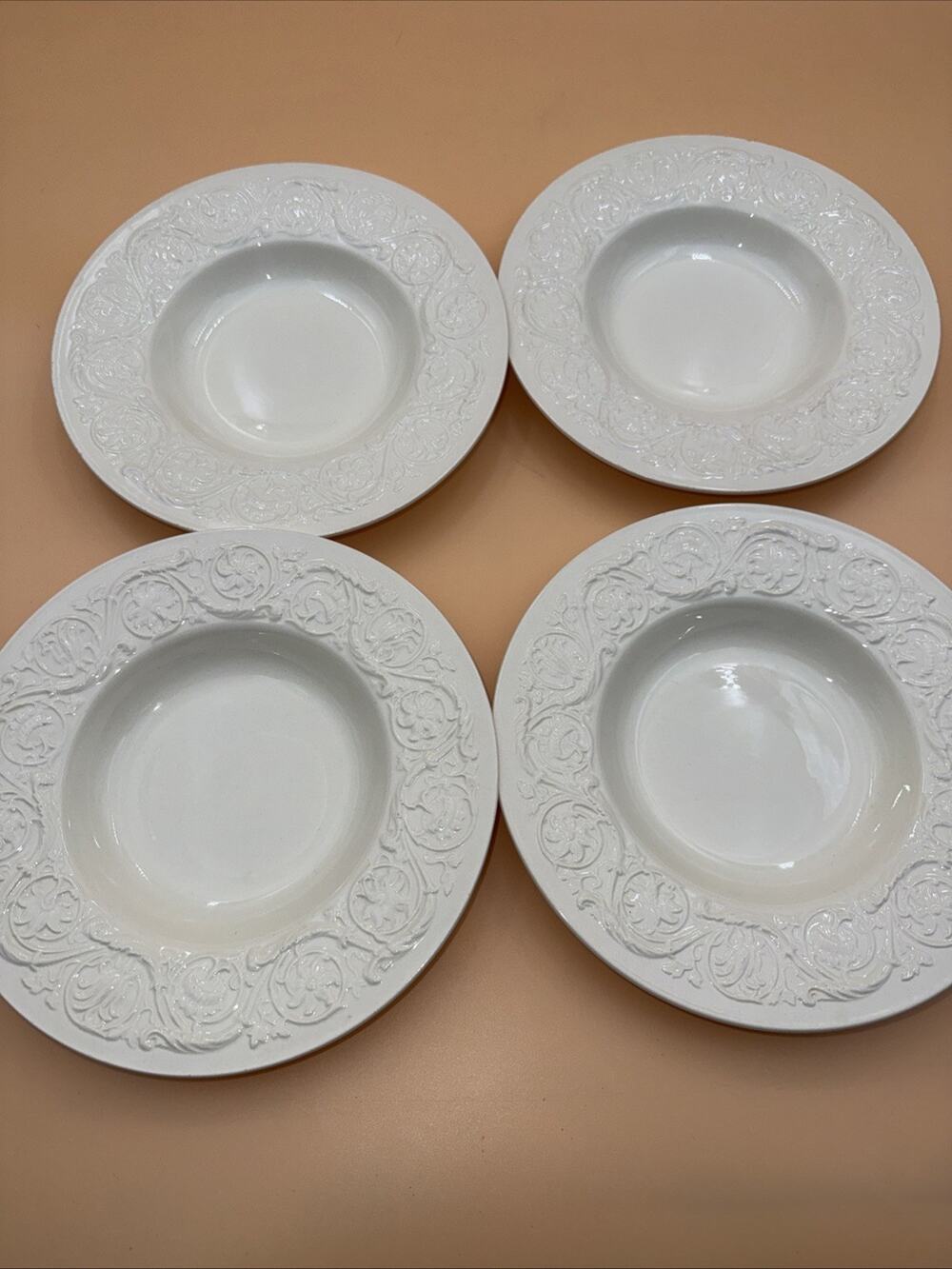 Wedgwood Patrician Rimmed Flat Soup Bowls Ivory Embossed Floral Pattern Set of 4